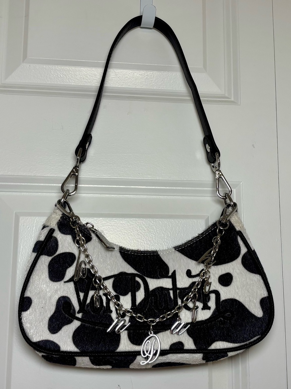 VON FUTCH Black Cow Print Classic Logo Shoulder Handbag
